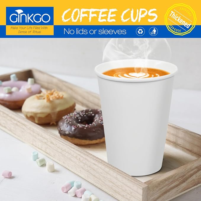 Ginkgo 200 Count 12 oz Disposable Thickened Paper Coffee Cups | Leak Proof - Image 4