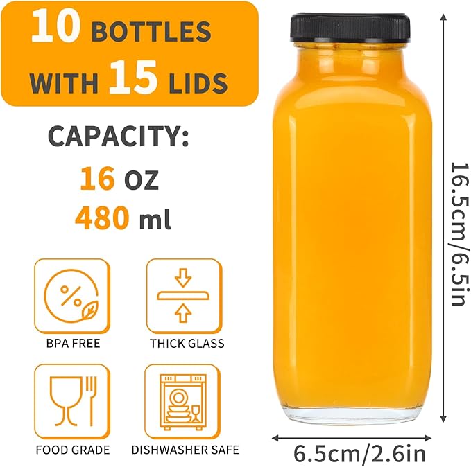 CUCUMI 10pcs 16oz Glass Juice Bottles - Image 2