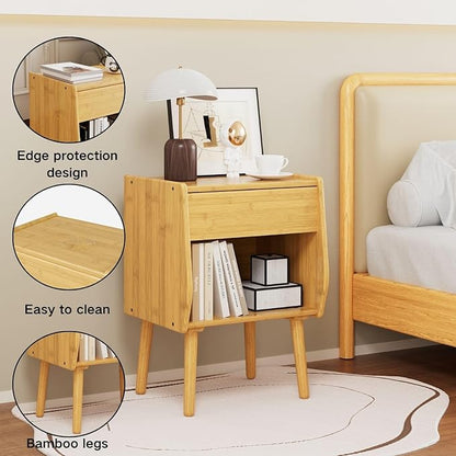 ZIYOO Nightstand with Drawer Open Shelf, Mid Century Modern Bedside Table, Small End Table for Living Room&Small Spaces, Bedroom, Natural Bamboo