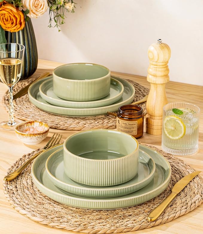Ceramic Dinnerware Set for 4, 12-Piece Plates and Bowls Set | Lightweight - Image 6