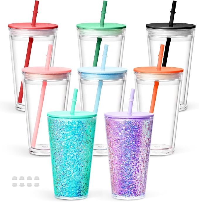 8 Pack 16 Oz Acrylic Snowglobe Tumbler, Pre-Drilled Double Wall Plastic Kids by Maucircol