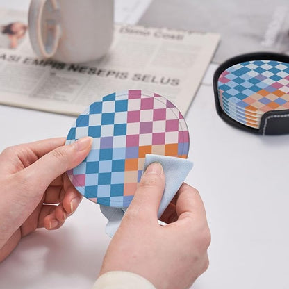 Colorful Blue and Purple Checkered Leather Coasters Set of 6 - Image 9
