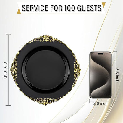 Nervure 100PCS Black Gold Plastic Plates - 7.5 inch Black Plastic Plates with Gold Rim - Disposable Dessert Plates for Wedding & Party