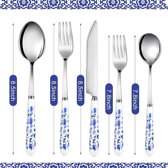 5 Pcs Chinoiserie Silverware Set Blue White Porcelain Ceramic | Stainless Steel - Image 2