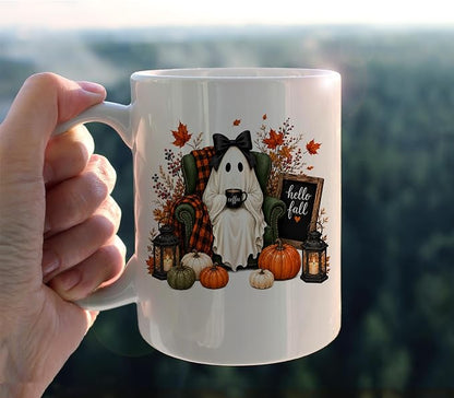 kunlisa Fall Halloween Ghost Pumpkin Mug Cup 11oz | Coquette Bow Ghost Fall - Image 5