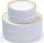 200 PCS Gold Plastic Plates Disposable, White and Gold Plastic Plates Include 100 Dinner Plate and 100 Dessert Plate Perfect for Holiday, Party & Wedding
