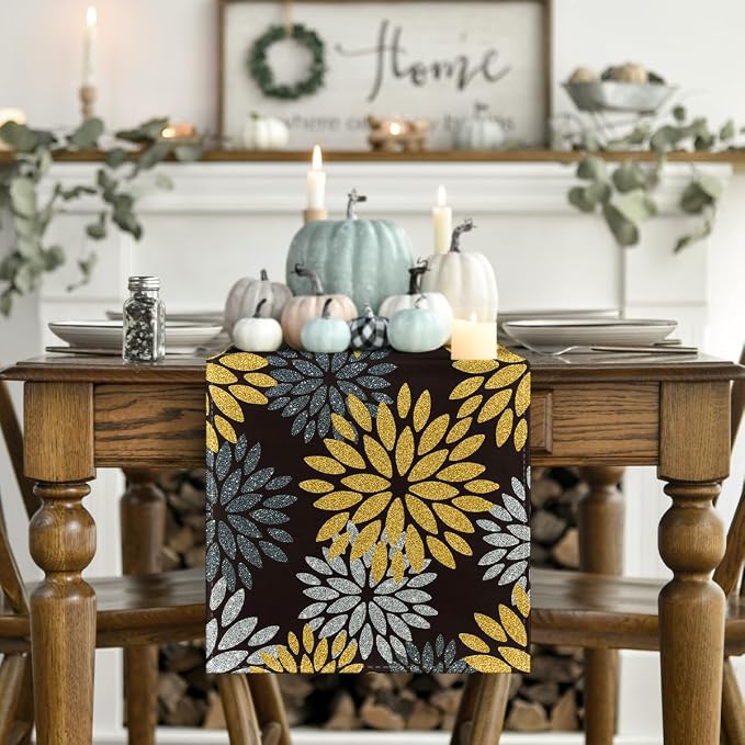 Artoid Mode Gold Black Silver Dahlia Floral Pinnata Fall Table Runner, Seasonal - Image 2