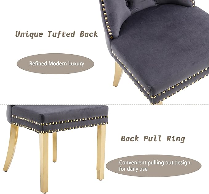 KCC Velvet Dining Chairs Set of 2, Upholstered High-end Tufted Dining Chair with Nailhead Back Ring Pull Trim Stainless Steel Legs, Contemporary Nikki Collection Modern Style for Kitchen, Dark Gray