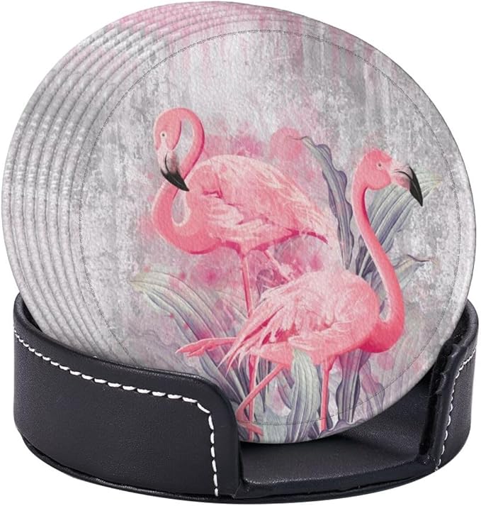 6 Pcs Pink Cute Flamingo Modern Art Boho Leather Coasters - Image 6