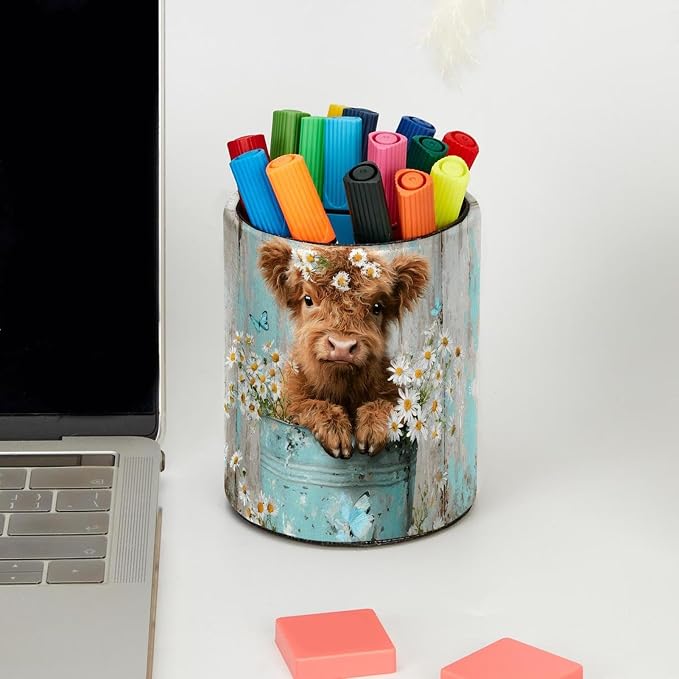 Leather Pen Holder for Desk, Highland Cow Flower Pencil Cup Pen Organizer - Image 5
