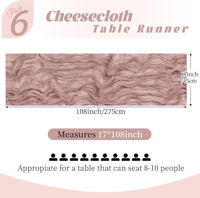 6 Pack Dusty Pink Cheesecloth Table Runner, 17 x 108 Inch, Gauze Cheese Cloth - Image 2