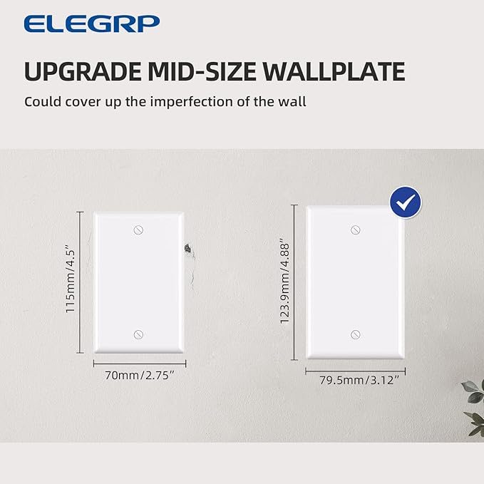 ELEGRP 1-Gang Blank Device Wall Plates, Mid-Size 4.88" H x 3.13" L Unbreakable Thermoplastic Blank Faceplate Cover for Unused Outlets/Switches, UL Listed (5 Pack, Glossy White)