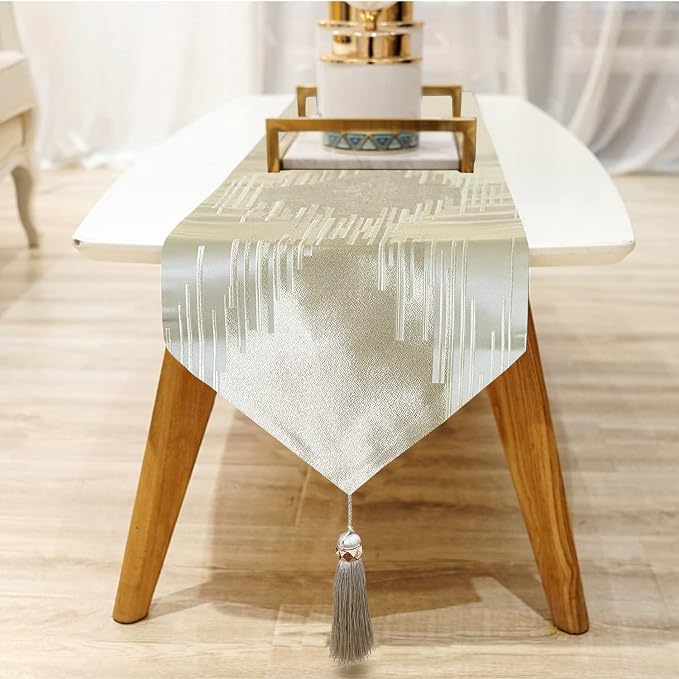 Beige Elegant Luxury Table Runner, Modern Geometric Lines, Tassels | Satin Faux - Image 4