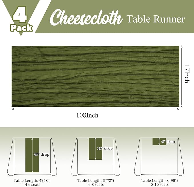 4 Pack Olive Green Table Runner 17 x 108inch Cheesecloth Table Runner Boho - Image 3