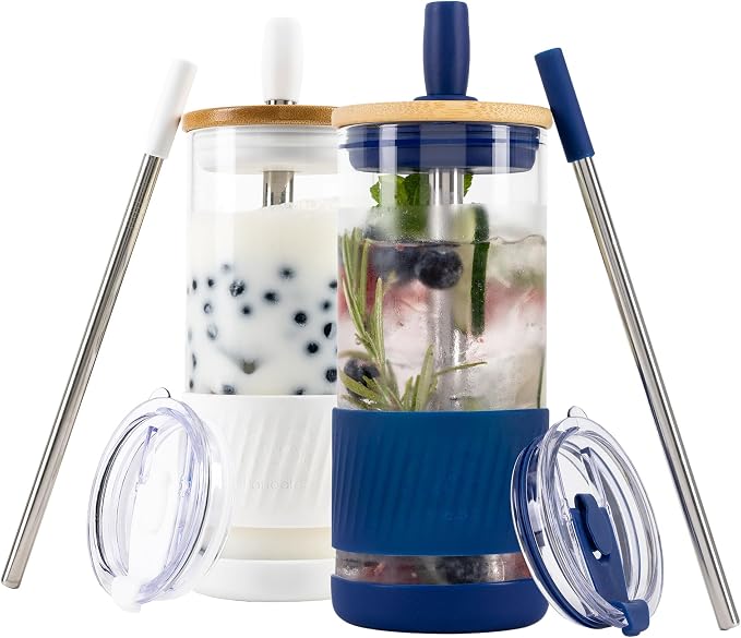 Pandaloo® Glass Cups With Lids and Straws -20 Fl Oz- Perfect Size Iced Coffee by Pandaloo