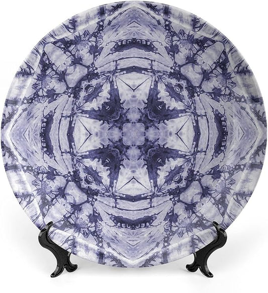 Ceramic Display Plate, Abstract Ceramic Hanging Decorative Plate, Modern Art Generated Resisting Twisting Fractal, 7 Inch, Living Room Kitchen Decoration Household, Lavender Blue Indigo