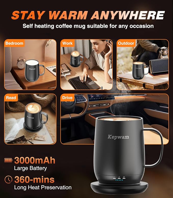 Kepwam Self-Heating Coffee Mug T2, 16oz Electric Heated Mug Hot Up to 149℉ | No - Image 4