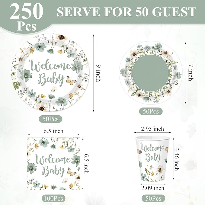 Pickmesh 250 Pcs Sage Green Floral Baby Shower Party Supplies Decorations Serve - Image 3
