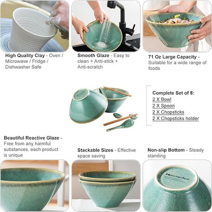 Large Salad Soup Ramen Serving Bowls, 71 OZ Ceramic Japanese Ramen Noodle Bowls with Chopsticks, Spoons and Rests - Super Big Bowl Sets for Udon, Pho, Pasta, Cereal, Set of 2 - Reactive Green