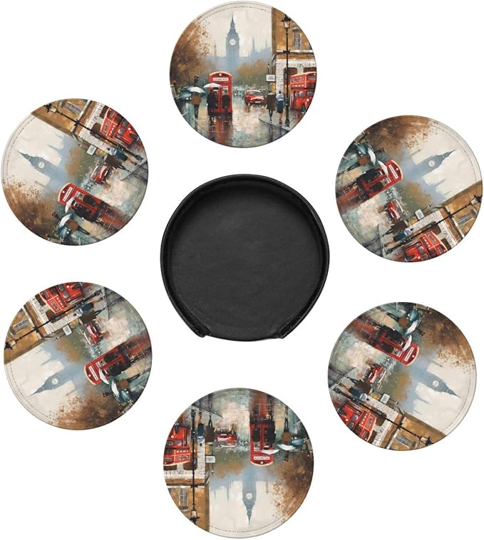 6Pcs PU Leather Coaster for Drinks, London Impression Cup Coasters - Image 7