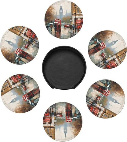 6Pcs PU Leather Coaster for Drinks, London Impression Cup Coasters - Image 7