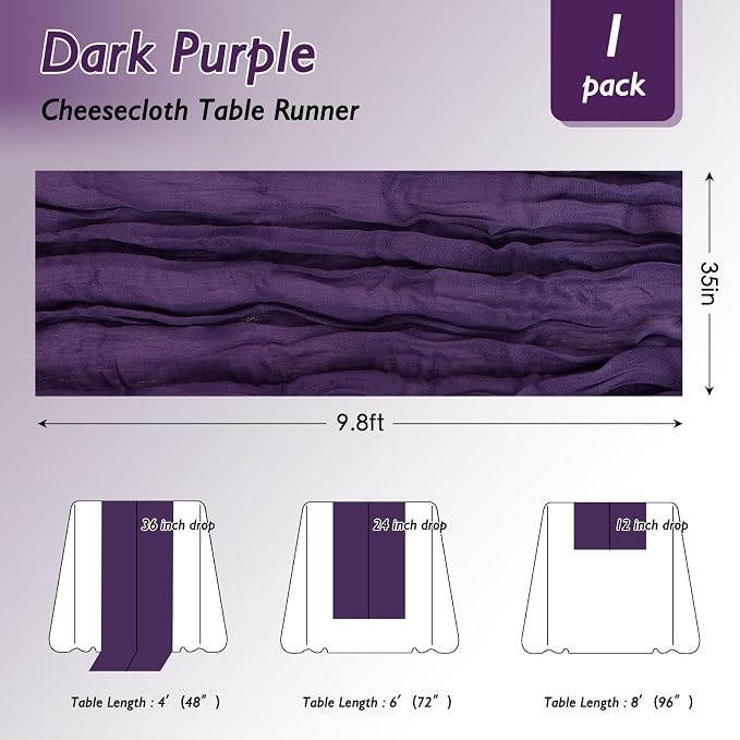 1 Pack Dark Purple Cheesecloth Table Runner 120 Inch Boho Wedding Decor | - Image 2