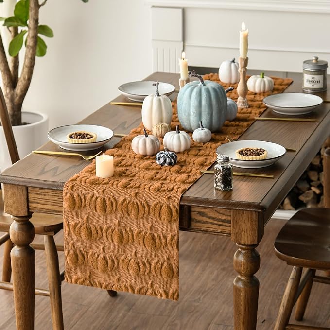 Artoid Mode Caramel Soft Faux Fur Pumpkins Fall Table Runner 13x48 Inch | - Image 3