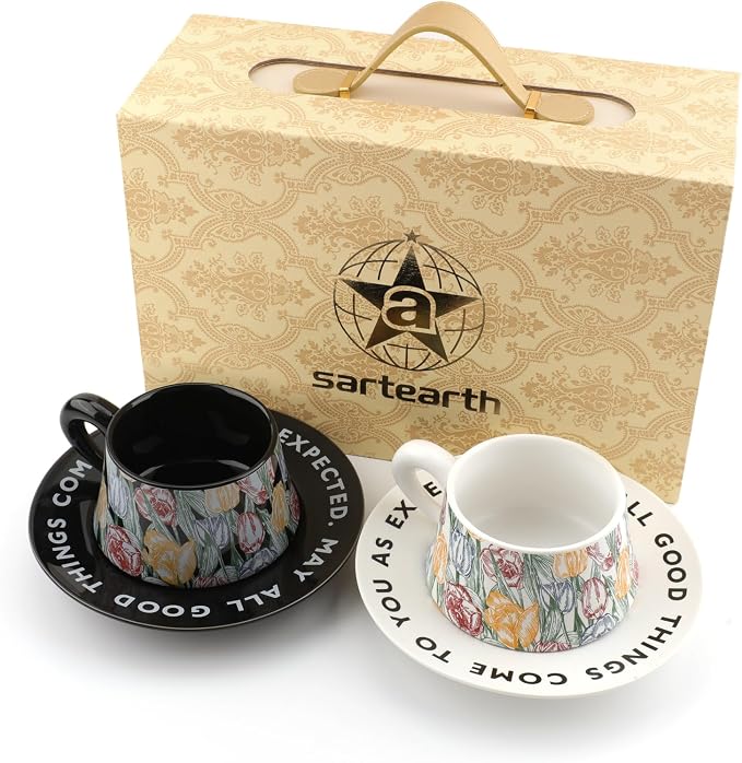 Tea Cup and Saucer Set Floral Design Porcelain Ceramic Coffee Cup Sets by STAREARTH