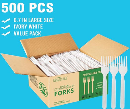 500 Count Compostable Disposable Non Plastic Forks, Large Heavy Duty Biodegradable Utensils, Eco Friendly Durable Sturdy Recyclable Forks Flatware Silverware for Party Wedding Daily Use