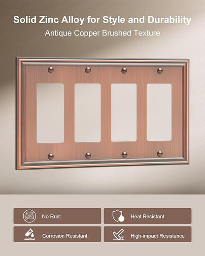 2-Pack Quad Decorator Outlet Cover Plate, Zinc Alloy Antique Copper Switch Plates and Outlet Covers, 4 Gang Wall Plates for Electrical Outlets, Receptacle, GFCI Outlet, Dimmer Switch