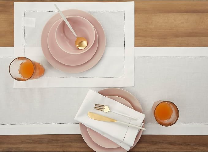 Solino Home Cotton Linen Dining Table Runner White Hemstitch, 14 x 90 in | - Image 3
