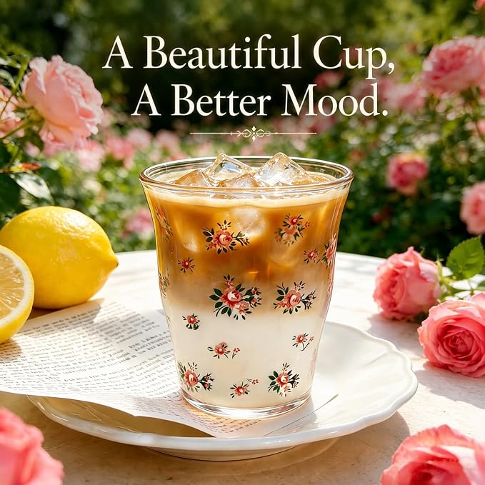 2-Pack Floral Glass Tea Cups, Vintage Flower Drinking Glasses Set, Cute - Image 2