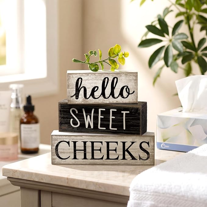 Moucuny 4 Pcs Bathroom Shelf Decor Hello Sweet Cheeks Sign Farmhouse Bathroom - Image 3