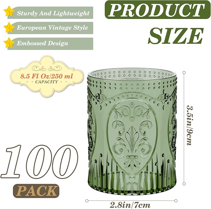 Qinyoung 100 Plastic Vintage Drinking Glasses 8.5oz Stemless Retro Embossed - Image 3