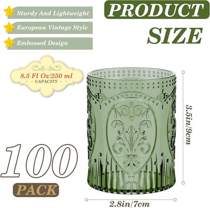 Qinyoung 100 Plastic Vintage Drinking Glasses 8.5oz Stemless Retro Embossed - Image 3