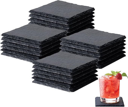 Slate Coasters Set of24,4-Inch Black Square Stone Drink Coasters with Scratch-Resistant Backing,Durable Tabletop Protection for Home Office Kitchen,Ideal Housewarming Wedding Gifts