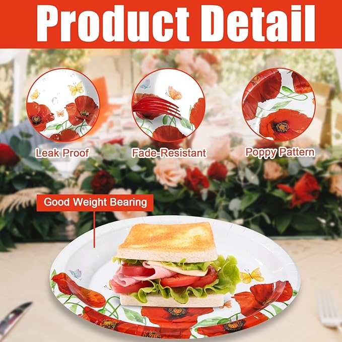 Poppy Oval Paper Plates 10’’ x 12’’,Large Disposable Heavy Duty and White Buffalo Checked Plaid Paper Plates for Birthday Wedding Bridal Baby Shower Tea Party Supplies,50 Guest