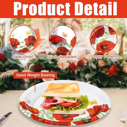 Poppy Oval Paper Plates 10’’ x 12’’,Large Disposable Heavy Duty and White Buffalo Checked Plaid Paper Plates for Birthday Wedding Bridal Baby Shower Tea Party Supplies,50 Guest