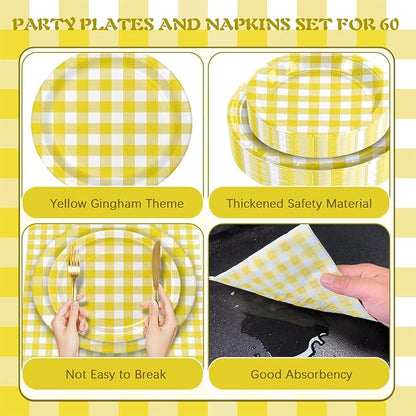180Pcs Yellow Gingham Party Supplies Paper Plates and Napkins Serve 60 | - Image 3