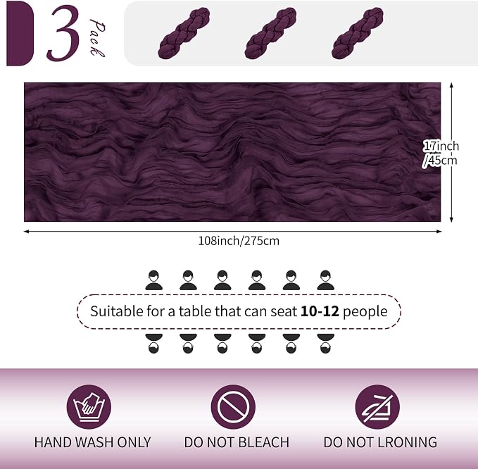 3 Pack Dark Purple Cheesecloth Table Runner 17x108 Inch Semi Sheer Boho Gauze - Image 2