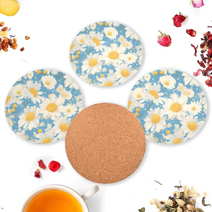 Polka Dots and Tender Chamomile Flowers Set of 4 Drink Coasters Heat Resistant - Image 6