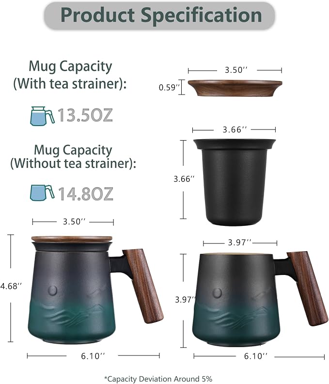 ZENS Tea Infuser Mug with Lid for Loose Tea Steeper, 14.5oz Wooden Handle | - Image 3