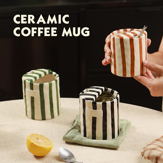 Ceramic Coffee Mugs 10 oz Retro Striped Coffee Mug No Handle - Image 7