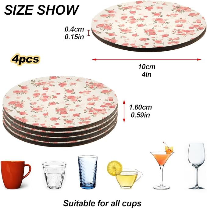 Seamless Pattern Red Roses Aesthetic Round Coaster Set of 4 Cork Tripod - Image 4