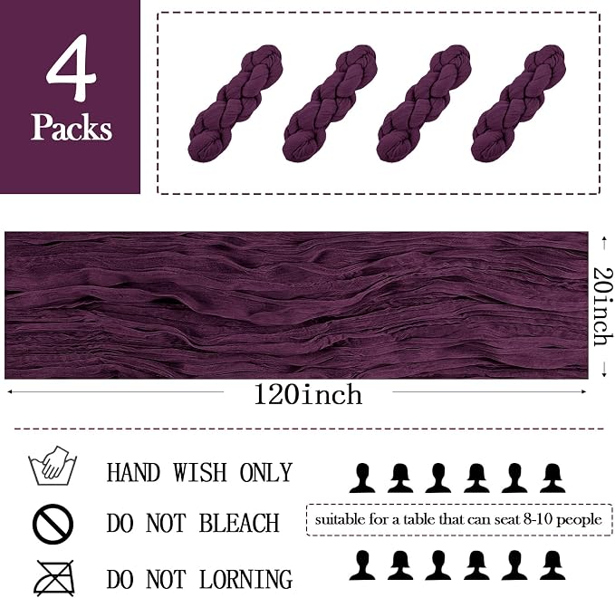 4 Pack Dark Purple Cheesecloth Table Runner 20 x 120 inch Gauze Table Runners - Image 2