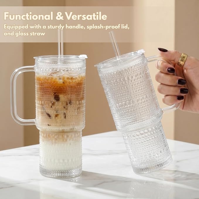 20 oz Glass Tumbler with Lid and Straw, Glass Iced Coffee Cups, Spill-proof - Image 2