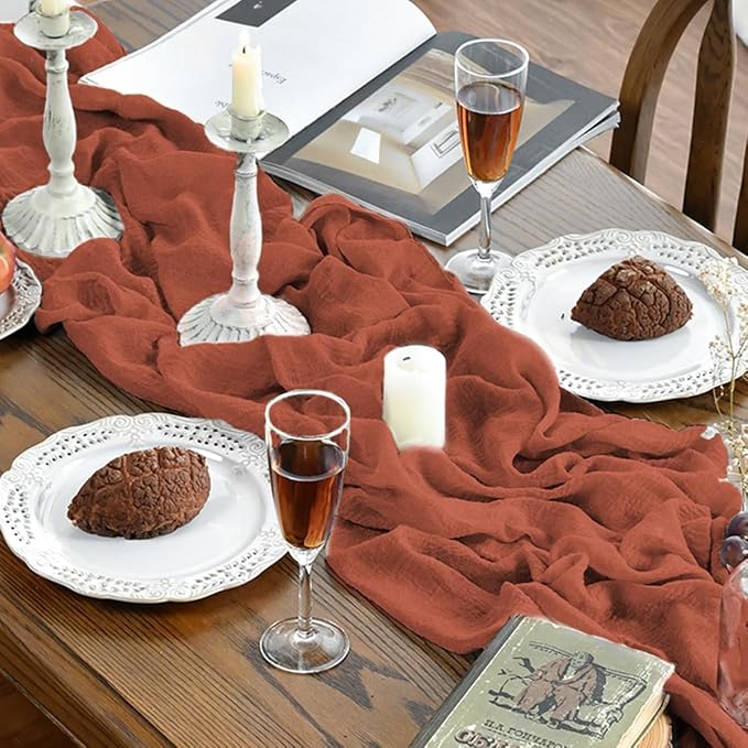 Artoid Mode Boho Terracotta Gauze 6 Pieces Wedding Table Runner, 120 Inch - Image 4