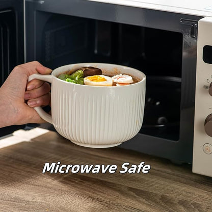 Ceramic Soup Bowl with Handle & Lid, Jumbo 38oz Microwave Ramen Bowl White | - Image 4
