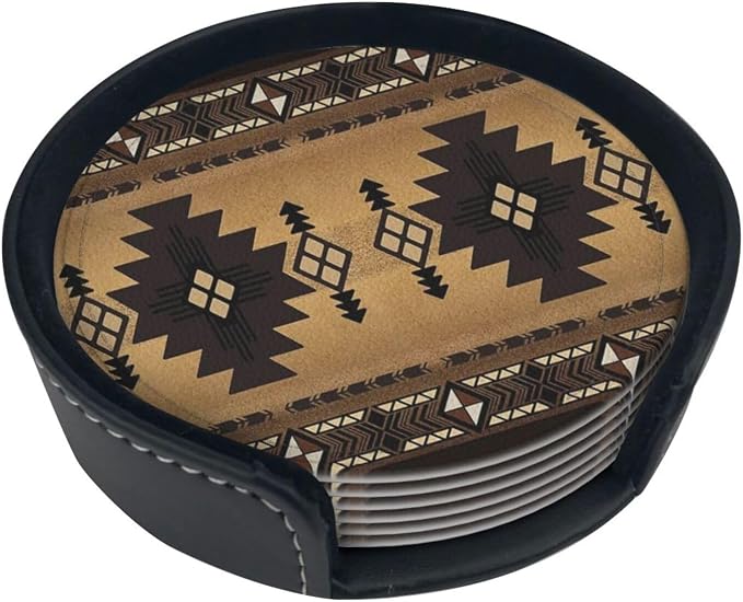 6 Pcs Brown Western Southwest Modern Geometric Abstract Art Leather Coasters - Image 2
