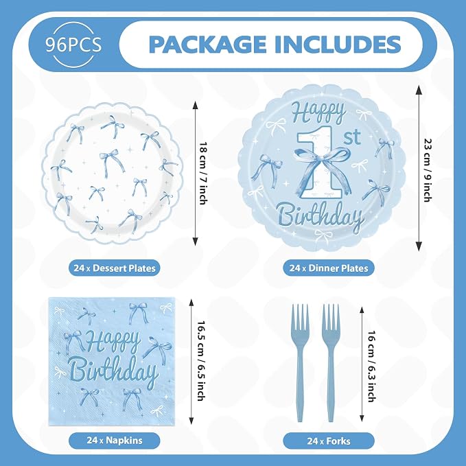 96 Pcs Blue Bow 1st Birthday Party Decoration, Serves 24 | Blue White Bow 1st - Image 5